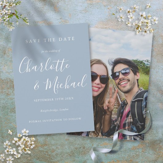 Save The Date Bleu Dusty Elegant Signature Script Photo