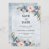 Save The Date Bleu Dusty Peach Blush Botanical Floral Mariage (Devant / Derrière)