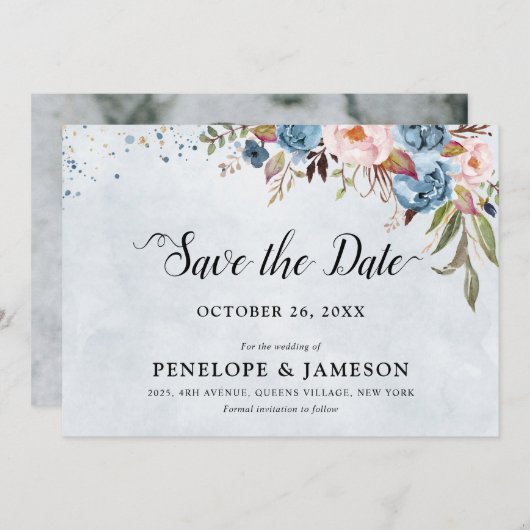 Save The Date Bleu Dusty Pêche Blush Botanique Floral Mariage Sa (Devant / Derrière)