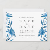 Save The Date Bleu et blanc aquarelle floral enregistrer la date (Devant)