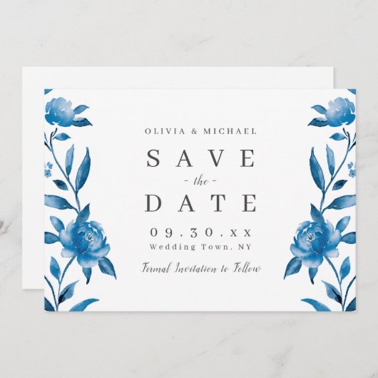 Save The Date Bleu et blanc aquarelle floral enregistrer la date (Devant / Derrière)