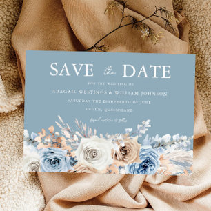 Save The Date Bleu et blanc Bohème Floral Mariage moderne