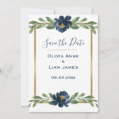 Save The Date Bleu et blanc Floral Élégant Script Mariage or (Devant)