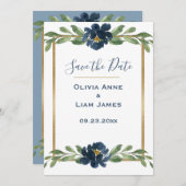 Save The Date Bleu et blanc Floral Élégant Script Mariage or (Devant / Derrière)