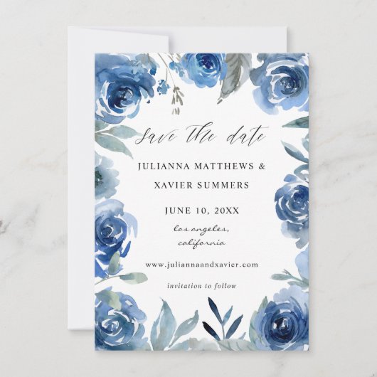 Save The Date Bleu et bleu floral (Devant)