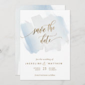 Save The Date Bleu et Gris Brush Strokes, Mariage minimal (Devant / Derrière)