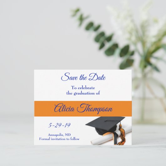 Save The Date Bleu et Orange Graduation Cap et Tassel (Debout devant)