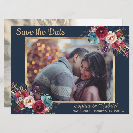 Save The Date Bleu floral de la marine bourguignonne Enregistrer (Devant / Derrière)