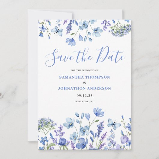 Save The Date Bleu Floral Élégant (Devant)