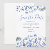 Save The Date Bleu Floral Élégant (Devant / Derrière)