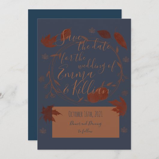 Save The Date Bleu foncé Automne Citrouille & Feuille (Devant / Derrière)