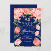 Save The Date Bleu foncé botanique et fleurs de corail (Devant / Derrière)