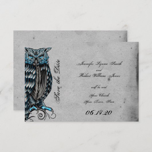 Save The Date Bleu gothique Chouette Posh Mariage Enregistrer la (Devant / Derrière)