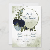 Save The Date bleu marine et poussiéreux fleurs verdure couronne (Devant)