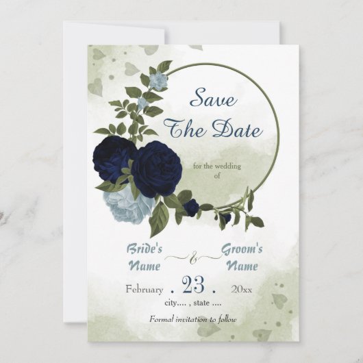 Save The Date bleu marine et poussiéreux fleurs verdure couronne (Devant)