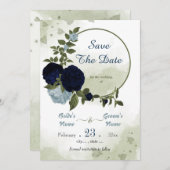 Save The Date bleu marine et poussiéreux fleurs verdure couronne (Devant / Derrière)
