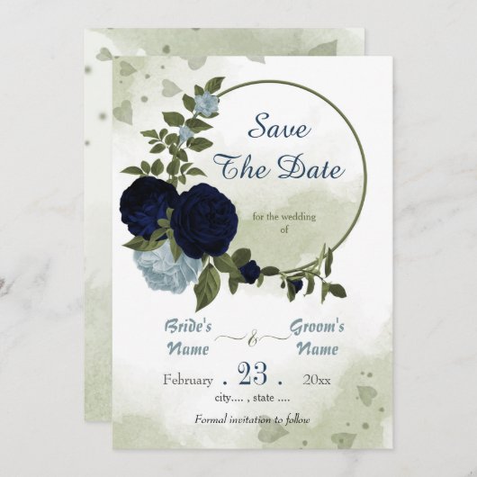 Save The Date bleu marine et poussiéreux fleurs verdure couronne (Devant / Derrière)