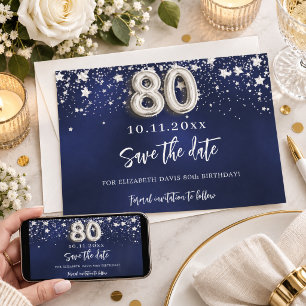 Save The Date Bleu marine étoiles argent 80e anniversaire