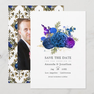 Save The Date Bleu marine, or et violet floral vintage mariage 