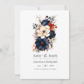 Save The Date Bleu marine, orange brûlé et Mariage de fleurs de  (Devant)
