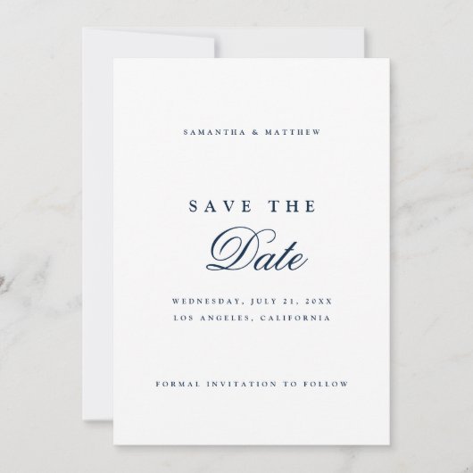 Save The Date Bleu marine Simple Élégant Script (Devant)