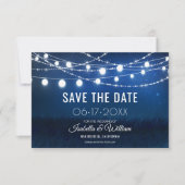 Save The Date Bleu Night & Argent String Lumières Mariage rustiq (Devant)