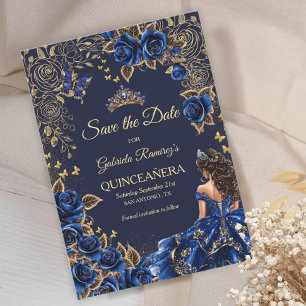 Save The Date Bleu Nuit Bleu Couronne Dorée Roses Quinceañera