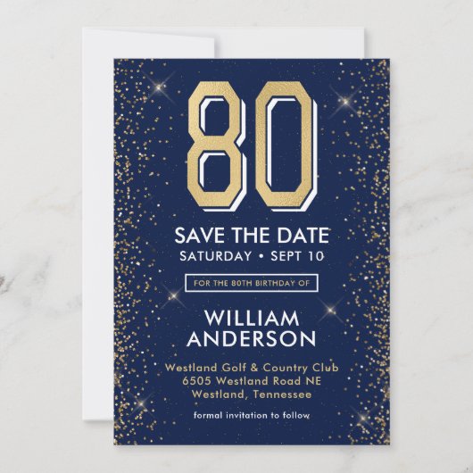 Save The Date Bleu Nuit Moderne 80e Anniversaire (Devant)