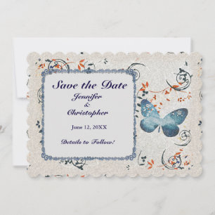Save The Date Bleu papillon et torons de feuilles