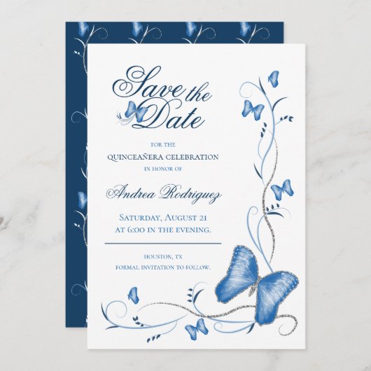 Save The Date Bleu papillons & tourbillons Enregistrer la date (Devant / Derrière)