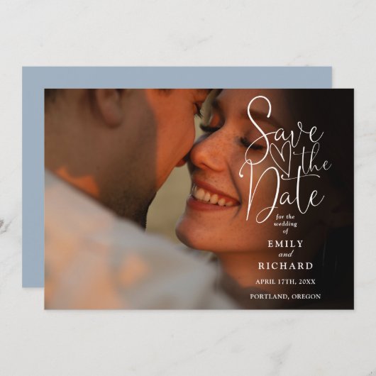 Save The Date Bleu Poussiéreux 2 Photo Mariage Écriture Élégante (Devant / Derrière)