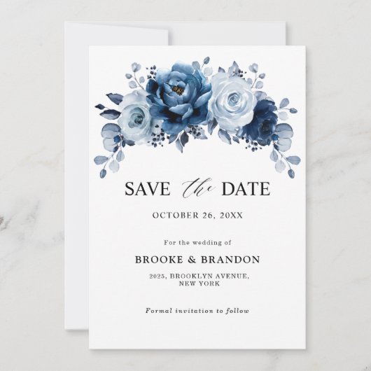 Save The Date Bleu Poussiéreux Ardoise Marine Floral Botanique M (Devant)
