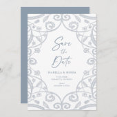 Save The Date Bleu Poussiéreux Argenté Pailleté Dentelle Florale (Devant / Derrière)