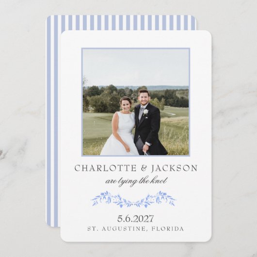 Save The Date Bleu Poussiéreux Élégant Classique Floral Avec Pho (Devant / Derrière)