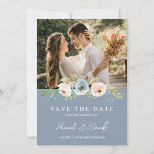 Save The Date Bleu Poussiéreux Élégant Floral Rustique Photo