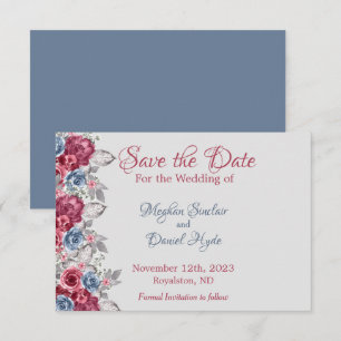 Save The Date Bleu Poussiéreux et Floral Bourgogne Profond
