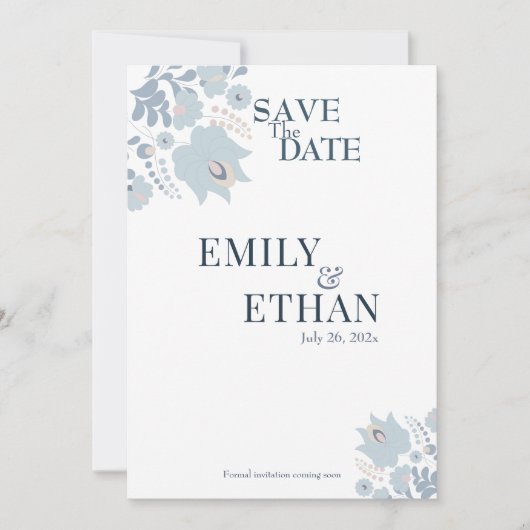 Save The Date Bleu Poussiéreux Floral Enregistrer la Date (Devant)