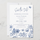 Save The Date Bleu poussiéreux mariage simple floral moderne (Devant)