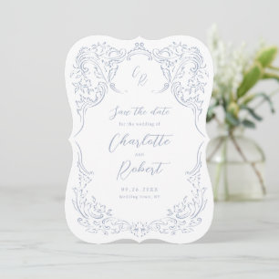 Save The Date Bleu Poussiéreux Monogramme Mariage Vintage Floris