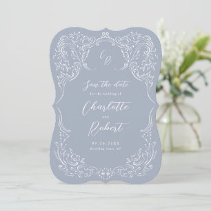 Save The Date Bleu Poussiéreux Monogramme Mariage Vintage Floris
