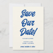 Save The Date Bleu Rétro Bright Funky Bold Moderne Mariage uniqu (Devant)