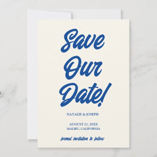 Save The Date Bleu Rétro Bright Funky Bold Moderne Mariage uniqu (Devant)