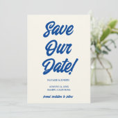 Save The Date Bleu Rétro Bright Funky Bold Moderne Mariage uniqu (Debout devant)