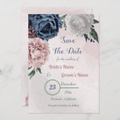 Save The Date bleu rose et blanc fleuri vert (Devant / Derrière)