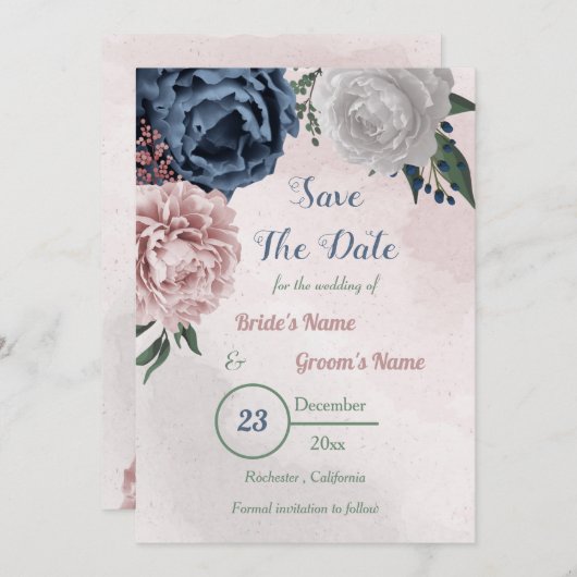 Save The Date bleu rose et blanc fleuri vert (Devant / Derrière)