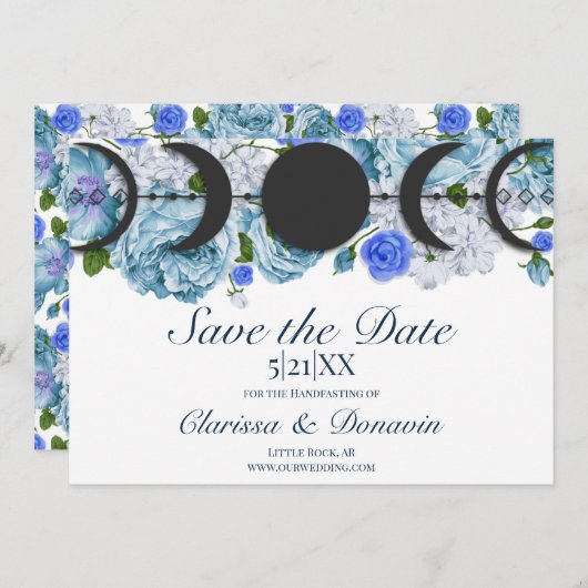Save The Date Bleu Rose Lune Phase Wiccan Handfasting (Devant / Derrière)