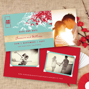 Save The Date Bleu Rouge Zen Bambou Feuille Photo Mariage chinoi
