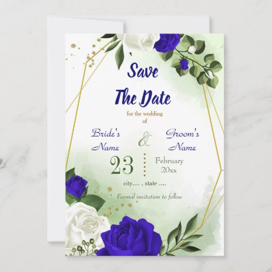 Save The Date bleu royal blanc fleuri vert or géométrique (Devant)