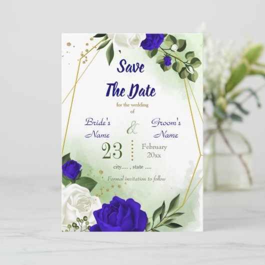 Save The Date bleu royal blanc fleuri vert or géométrique (Debout devant)