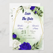 Save The Date bleu royal blanc fleuri vert or géométrique (Devant / Derrière)
